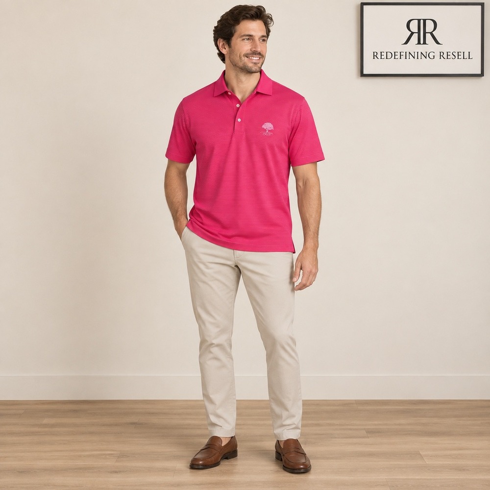 Peter Millar Summer Comfort Pink Striped 1905 Logo Golf Polo Shirt Mens Medium